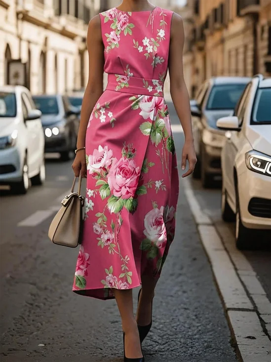 Pink Floral Sleeveless Midi Dress A-Line Wedding Guest Cocktail Dress
