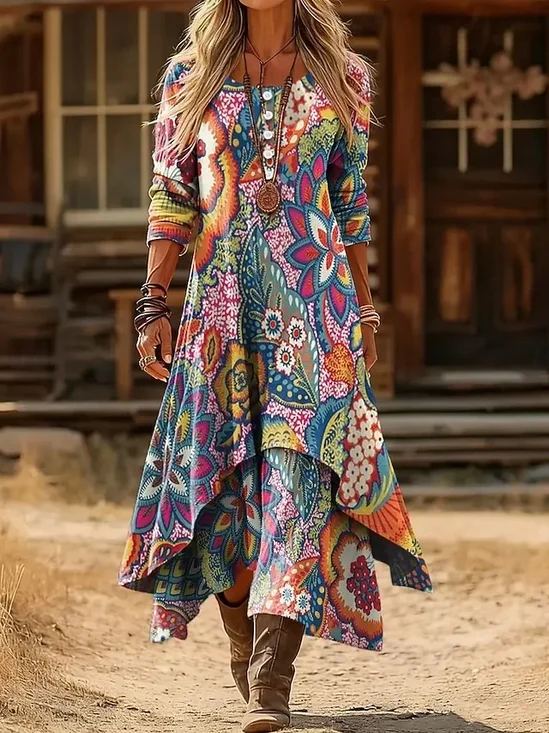 Casual Loose Crew Neck Chiffon Dress With No