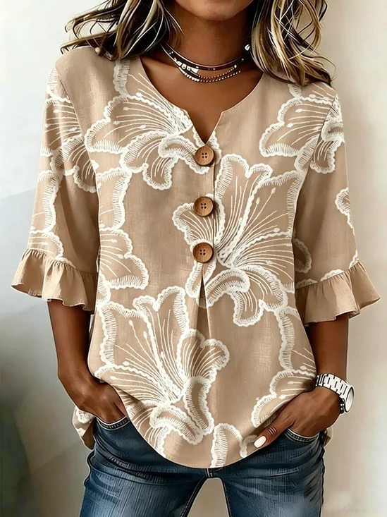 Women's Floral Half Sleeve Blouse Summer White Plain Peplum V Neck Button Daily Going Out Vintage Top
