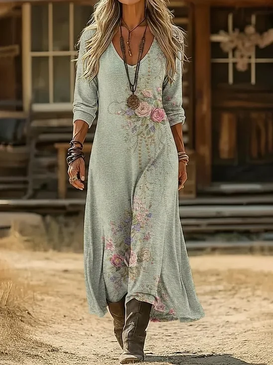 V Neck Vintage Loose Dress With No