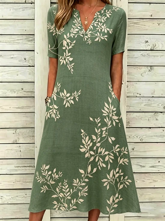 Leaf Print V Neck Short Sleeve Midi Dress Casual Loose Linen Dress