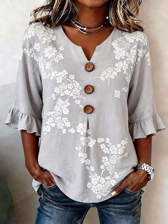 Women's Half Sleeve Blouse Summer Light Gray Floral Printing V Neck Daily Going Out Vintage Top