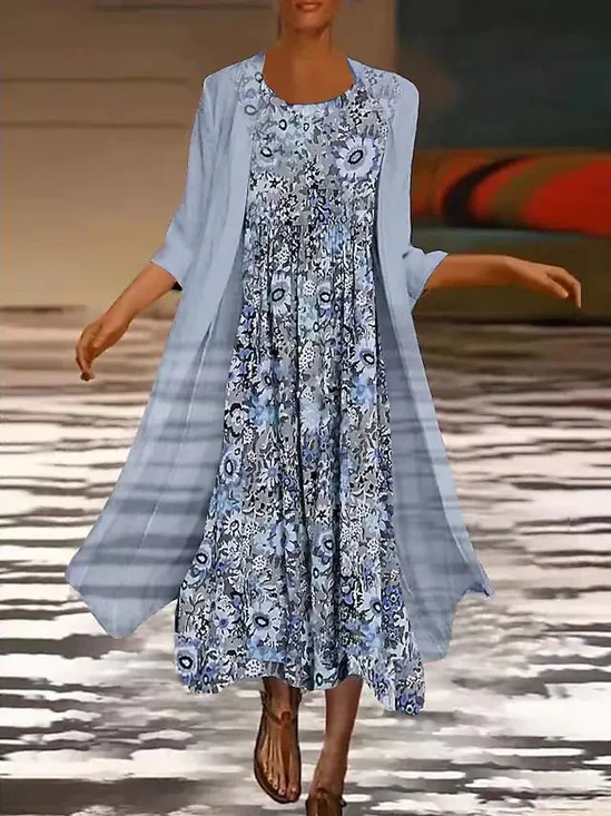 Floral Print Light Blue 2-Piece Maxi Dress Set