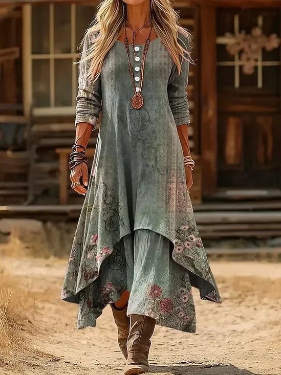 Boho Chiffon Floral Crew Neck Dress With No