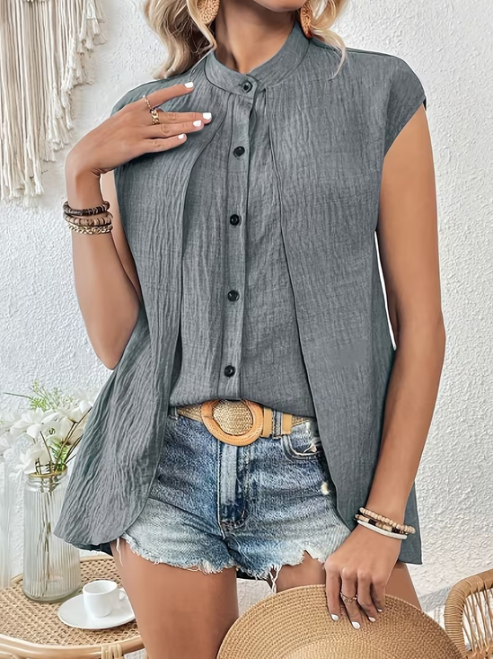 Plain Elegant Fake 2in 1 Stand Collar Short Sleeve Button Casual Shirt
