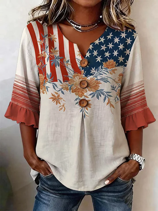 Women's Half Sleeve Blouse Summer As Picture Floral Printing V Neck Daily Going Out Vintage Top