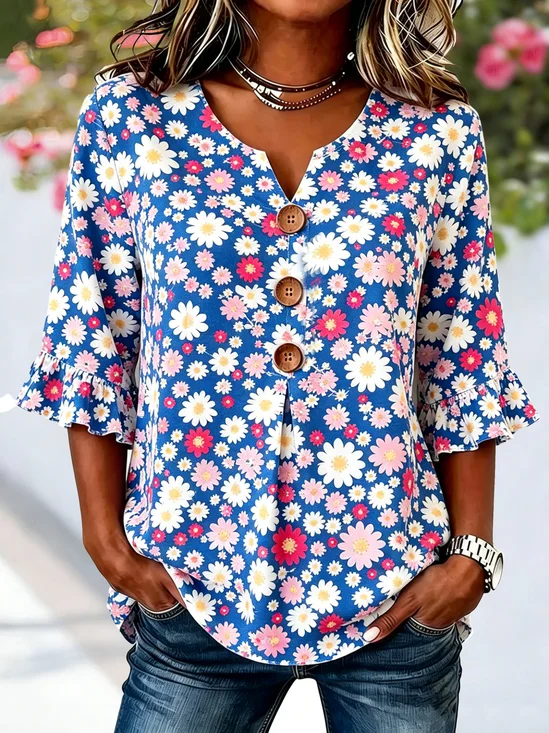 Women's Daisy Floral Half Sleeve Blouse Summer White Plain Peplum V Neck Button Daily Going Out Vintage Top