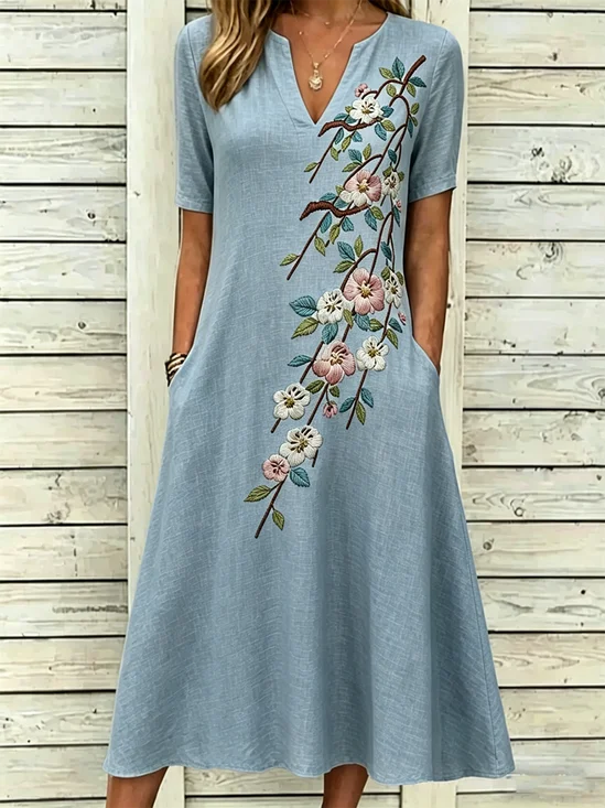 Light Blue Flower Vine Print V Neck A Line Short Sleeve Maxi Dress