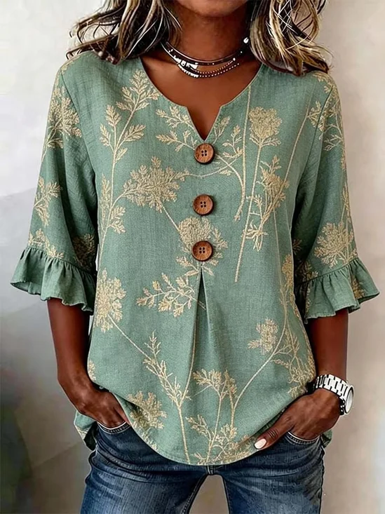 Women's Half Sleeve Blouse Summer Green Floral Printing V Neck Daily Going Out Vintage Top
