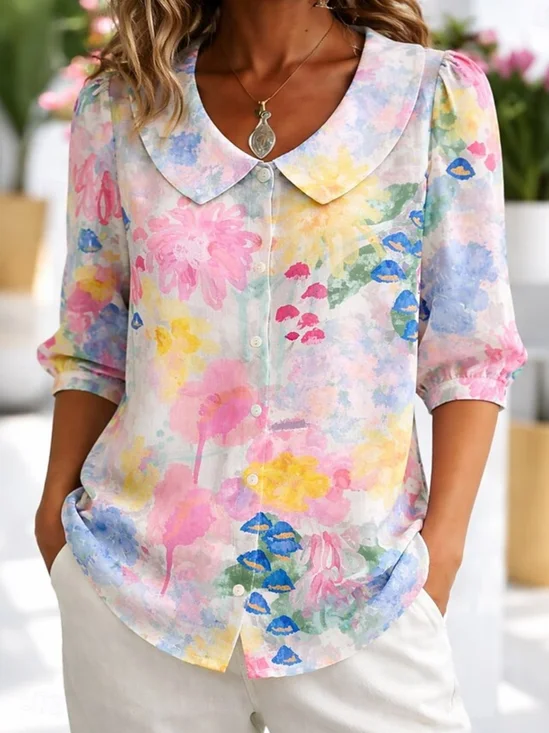 Women Colorful Folral Printed Short Sleeve Crew Neck Button Spring Loose Going Out Casual Top