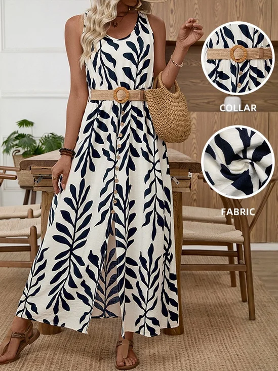Women's Sleeveless Summer Purplish Blue Leaf Split Joint Crew Neck Daily Going Out Casual Maxi A-Line Tank Dress