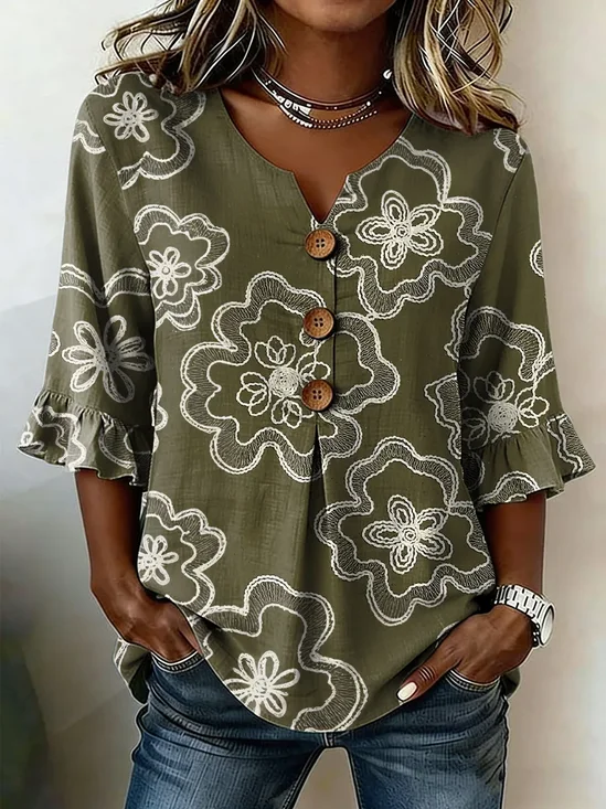 Women's Half Sleeve Blouse Summer Army Green Floral Printing V Neck Daily Going Out Vintage Top