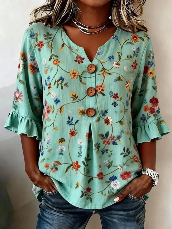 Women's Half Sleeve Blouse Summer Green Floral Printing V Neck Daily Going Out Vintage Top