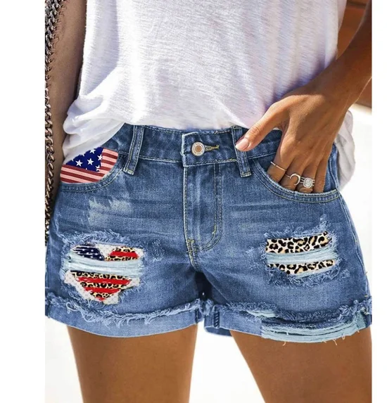 American Flag Denim  Straight Leg Button Fly  Going Out Cauual Shorts