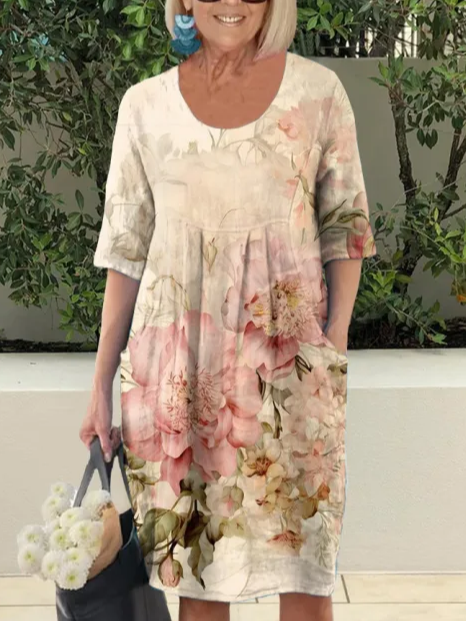 Vintage Crew Neck Loose Floral Dress With No