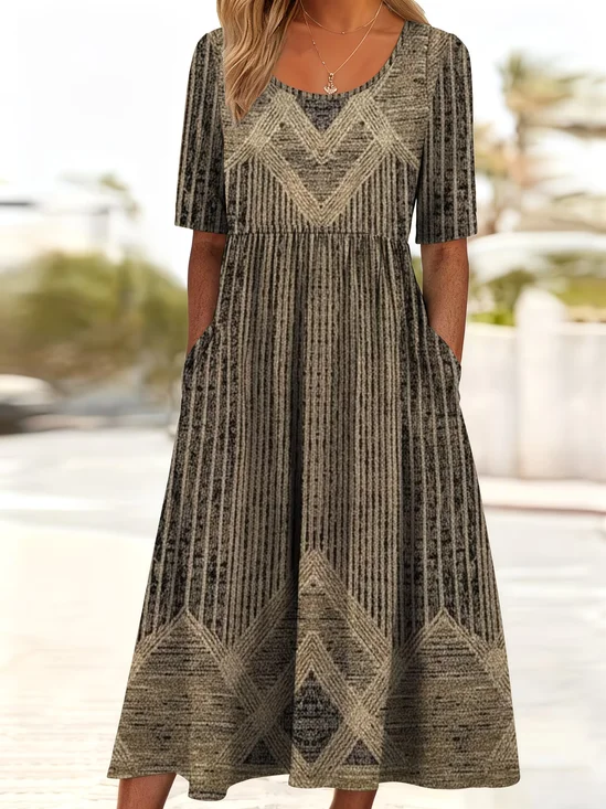 Women's Short Sleeve Summer Brown Abstract Printing Crew Neck Daily Going Out Casual Maxi H-Line Shift Dress Dress