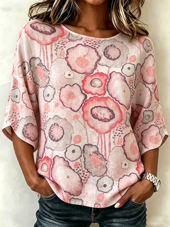 Cotton And Linen Pink Floral Vintage Loose Casual Top