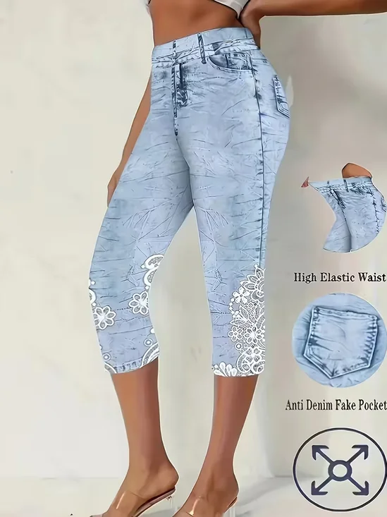 Faux Denim Print Graphic Casual Regular Fit Pants
