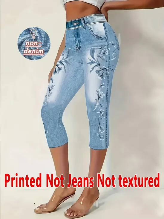 Faux Denim Print Graphic Casual Pants