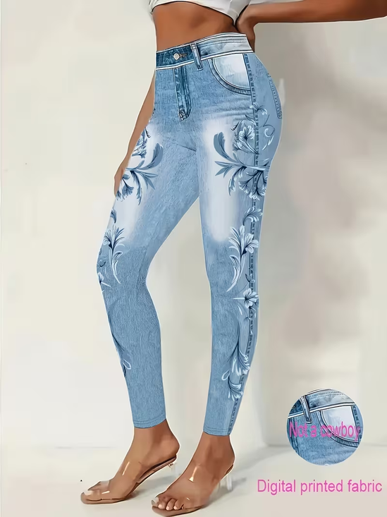 Faux Denim Print Graphic Casual Tight Leggings