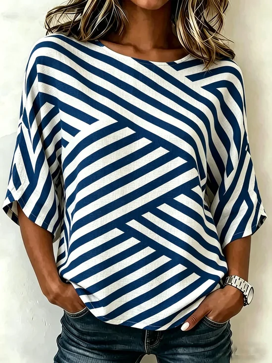 Cotton And Linen Abstract Striped Vintage Loose Casual Top
