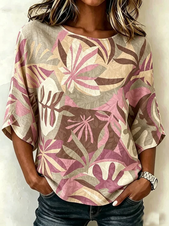 Cotton And Linen Pink Floral Vintage Loose Casual Top