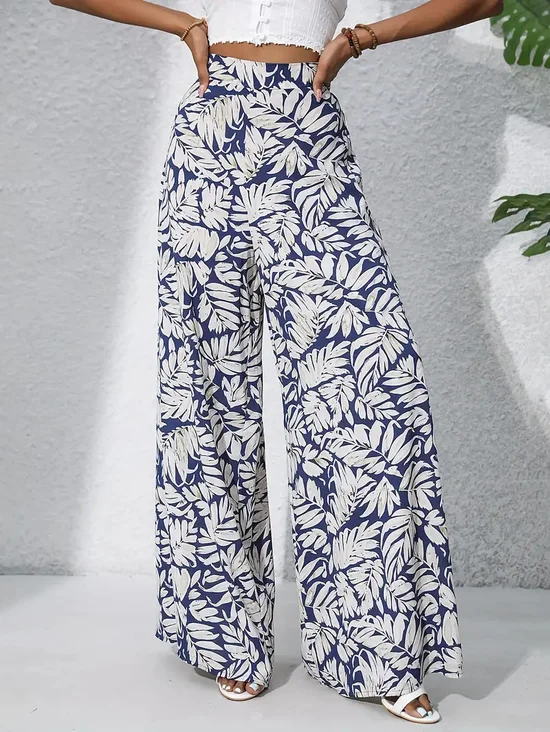 Chiffon Tropical Printed Mid Waist Summer Elegant Vacation Casual Wide Leg Pants