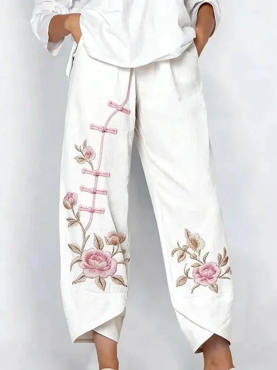 Women's Floral Frog Buttons Print Casual Pants