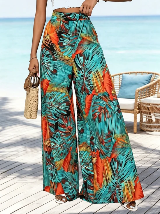 Chiffon Tropical Printed Mid Waist Summer Elegant Vacation Casual Wide Leg Pants