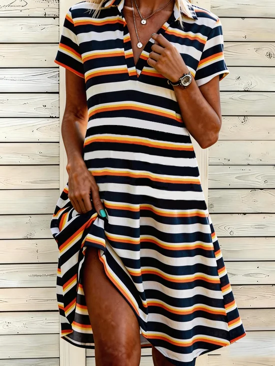Women’s Striped V Neck Short Sleeve T Shirt Midi Dress Beach Vacation Dress