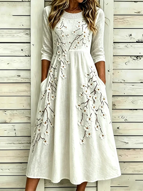 Women’s White Floral Branch Print Boho Cotton Linen Maxi Dress with Short Sleeves