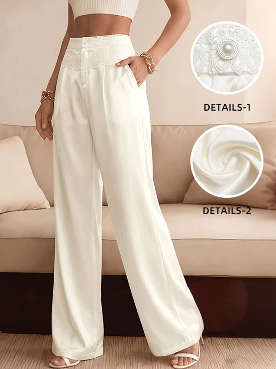 Satin Lace Patchwork Loose Elegant Satin Daily Going Out High Waist  Wide Leg Pants