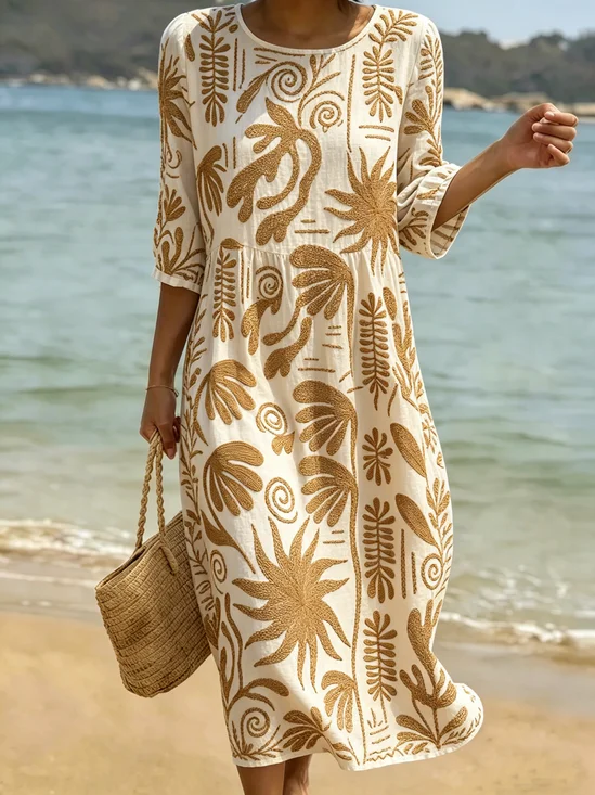 Women's As Picture 3D Printing Floral Printed Casual Crew Neck Cotton-Blend Ocean Pattern Casual Midi Dress