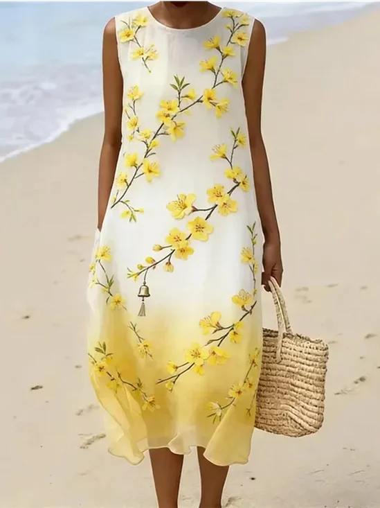 Japanese-style Forsythia And Wind Chime Art Gradient Cotton Linen Dress