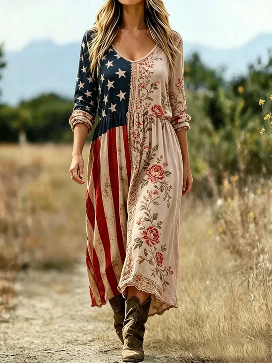 Women Floral V Neck Vintage America Flag Spring Summer  A-Line Maxi Dress