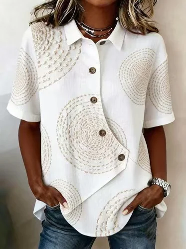 3D Printing Cotton And Linen Shawl Collar Short Sleeve Asymmetry Placket Design Button Summer Going Out Casual Shirt