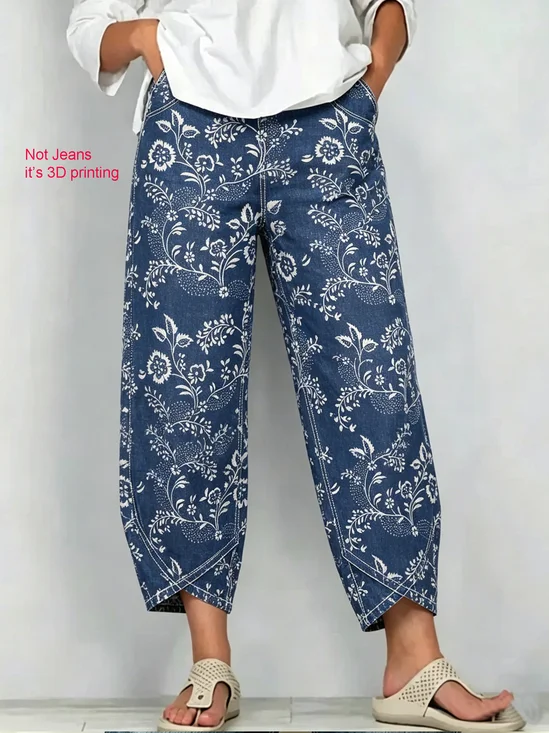 Women's Vintage Denim Blue 3D Printing  Floral Patterns  Casual Denim Cotton Pants (With Pockets)