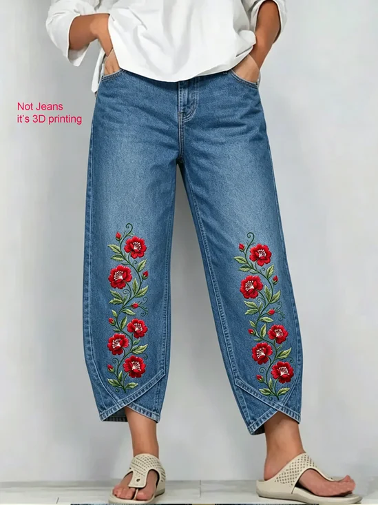 Women's Vintage 3D Printing  Floral Patterns  Casual Denim Cotton Pants (With Pockets)