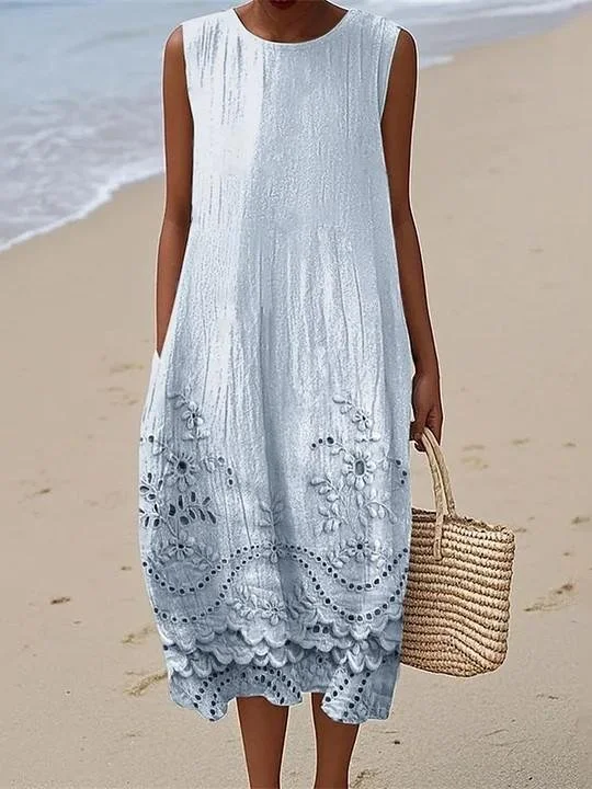 Cottage Floral Lace Embroidered Flowy Linen Tank Dress