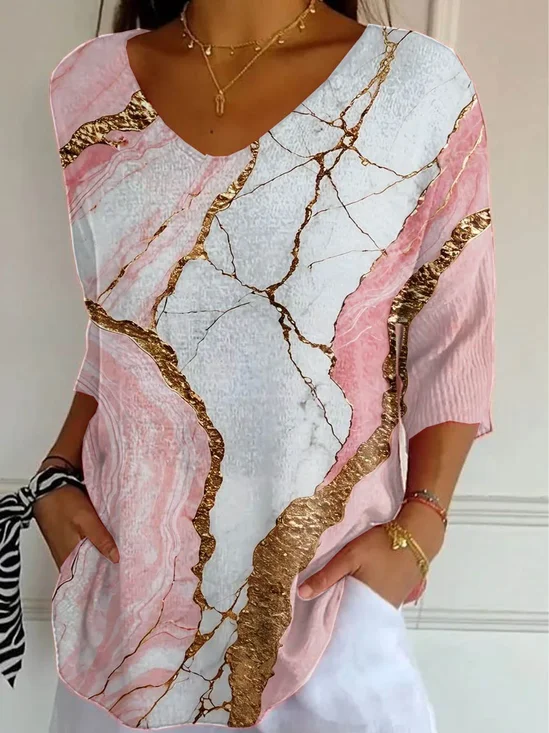 Women's Three Quarter Sleeve T-shirt Spring/Fall Pink Abstract Printing V Neck Daily Going Out Casual Top