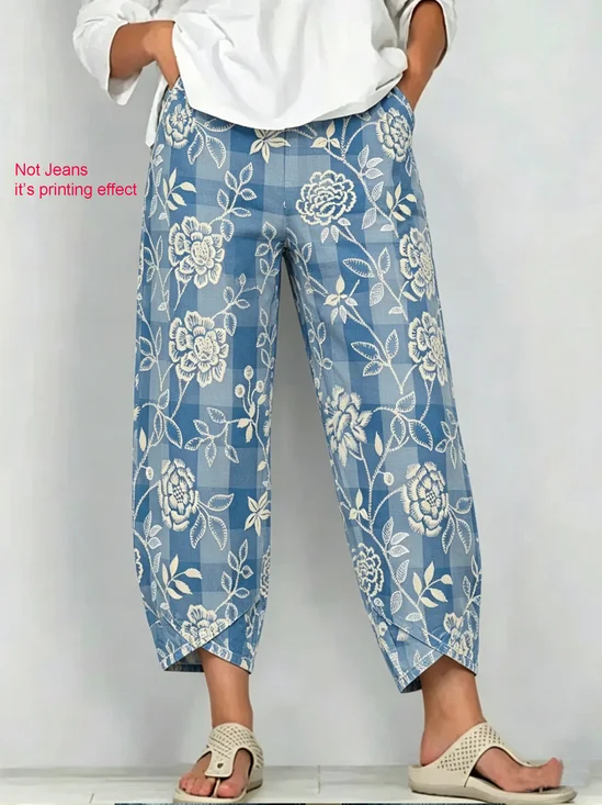 Women's Vintage 3D Printing Plaid Floral Patterns  Casual Denim Cotton Pants (With Pockets)