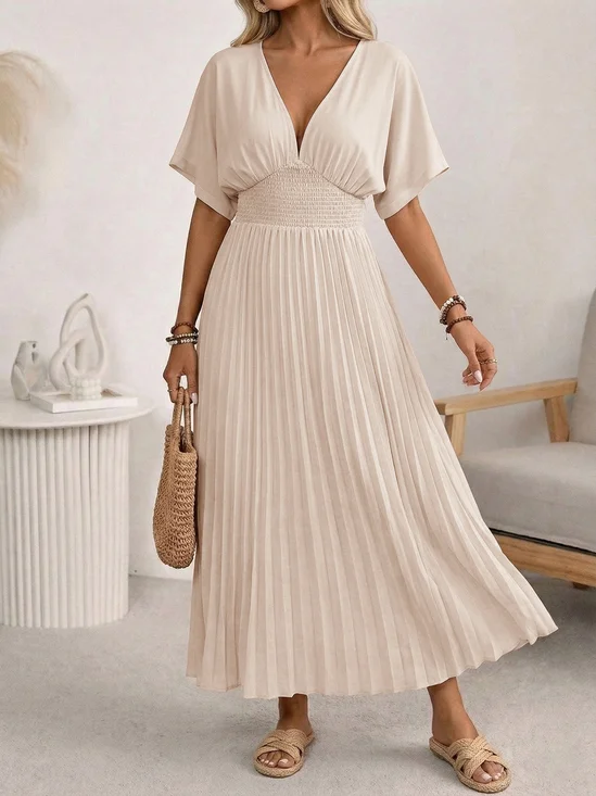 Plain Batwing Short Sleeve V Neck Pleated A-Shape Skirt Elegant Maxi Dress