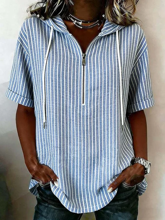 3D Printing Cotton And Linen V Neck Short Sleeve Zipper Summer Going Out Hoodie Casual Blouse