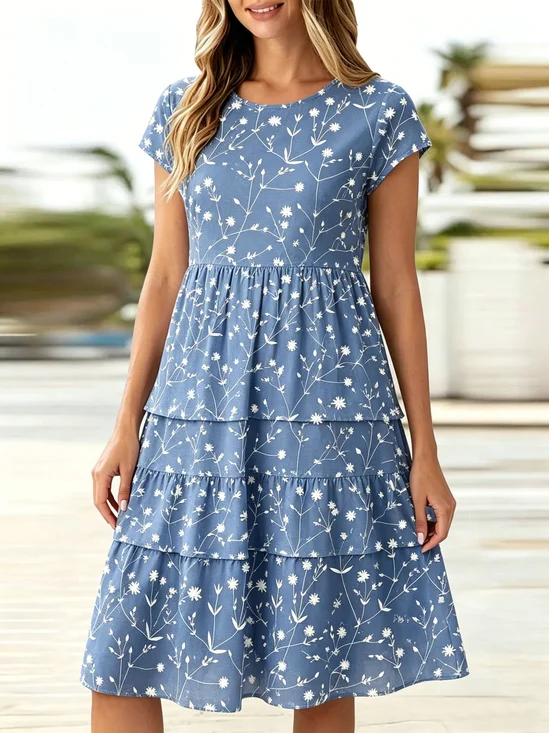 Regular Fit Cotton-Like Crease Casual Crew Neck Cap Sleeve Blue Small Floral Ruffle Dress With No