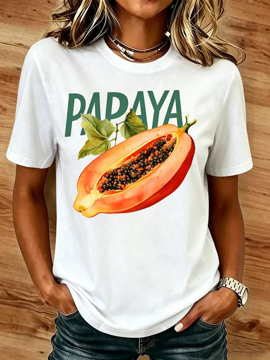 Papaya Fruit Cotton Round Neck Short Sleeve Casual T-Shirt