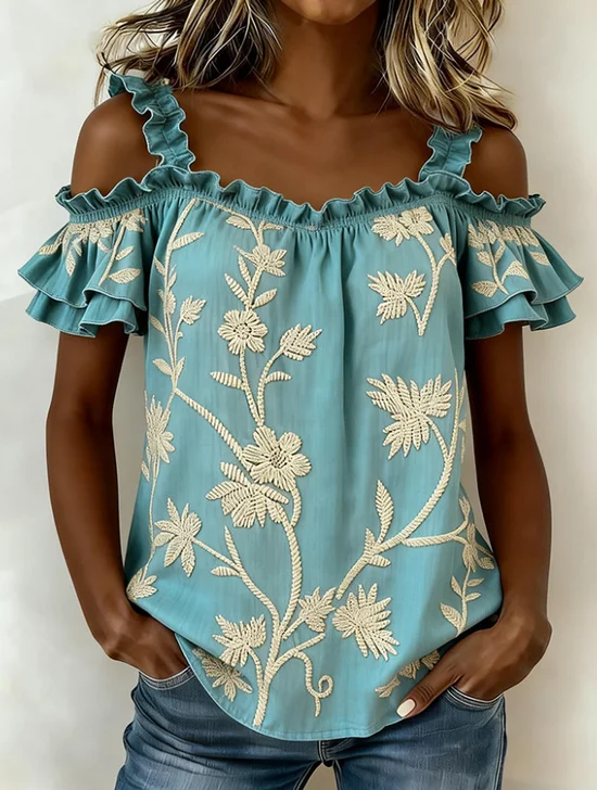 Loose Shoulder Strap Ruffle Short Sleeve Floral Off The Shoulder Summer Casual Top