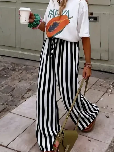 Loose Striped High Waist Wide Leg Daily Going Out Casual Pants
