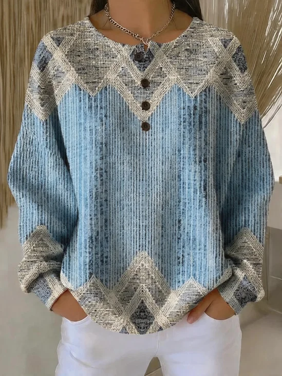 Women's Blue Geometric Patchwork Henley Pullover Ribbed Long Sleeve Casual Sweatshirt