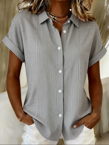 Casual Loose Shawl Collar Short Sleeve Striped Shirt