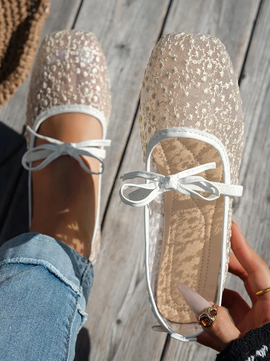 New French-style Bow Flats: Breathable Mesh Square-toe Mary Janes  Sandals